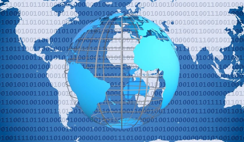 a blue globe sitting on top of a map of the world, a digital rendering, computer art, matrix code, closeup photo, mesh, link
