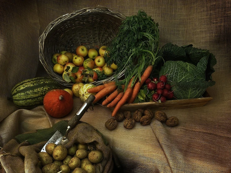 a bunch of vegetables sitting on top of a table, a still life, pixabay, renaissance, hans thoma, grain”, michelangelo da caravaggio, :: morning