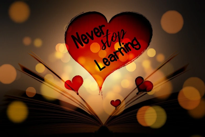 a book with a heart that says never you're learning, happening, wallpaper!, stunning graphics, dsrl photo, training