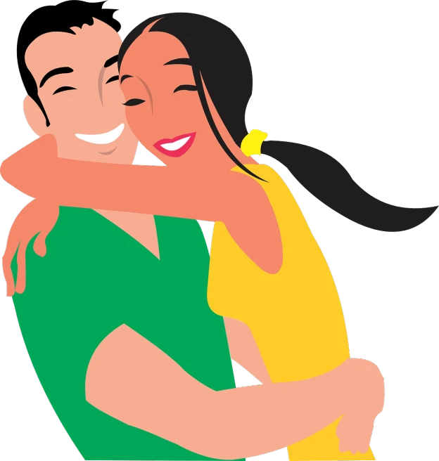 a man and a woman hugging each other, an illustration of, pixabay, latina, smiling playfully, asian girl, full color illustration