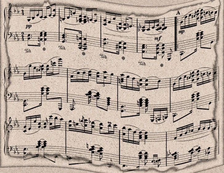 a black and white photo of a sheet of music, by Samuel Birmann, shutterstock, textured parchment background, torn paper intricate texture, sandy, musical notes