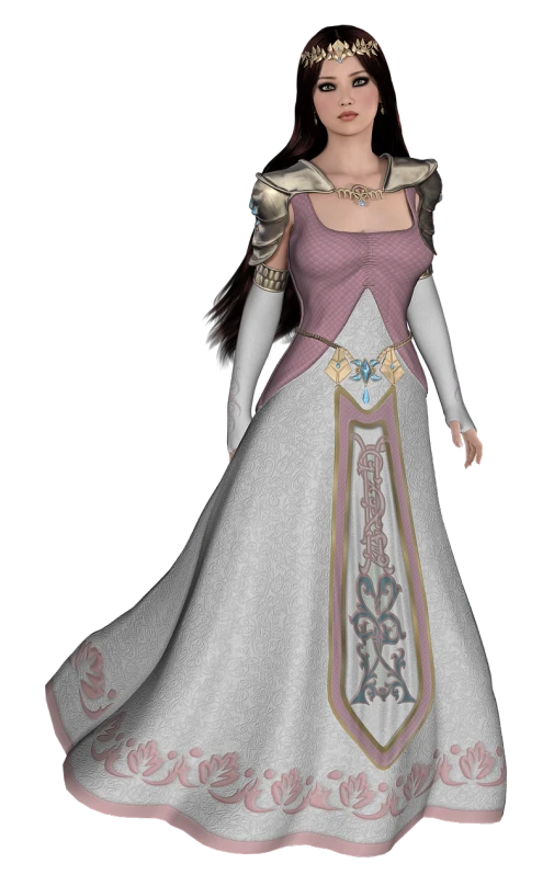 a 3d image of a woman in a dress, a 3D render, inspired by Thyrza Anne Leyshon, polycount contest winner, renaissance, zelda twilight princess, wearing a pink ballroom gown, wearing a white folkdrakt dress, wearing! robes!! of silver