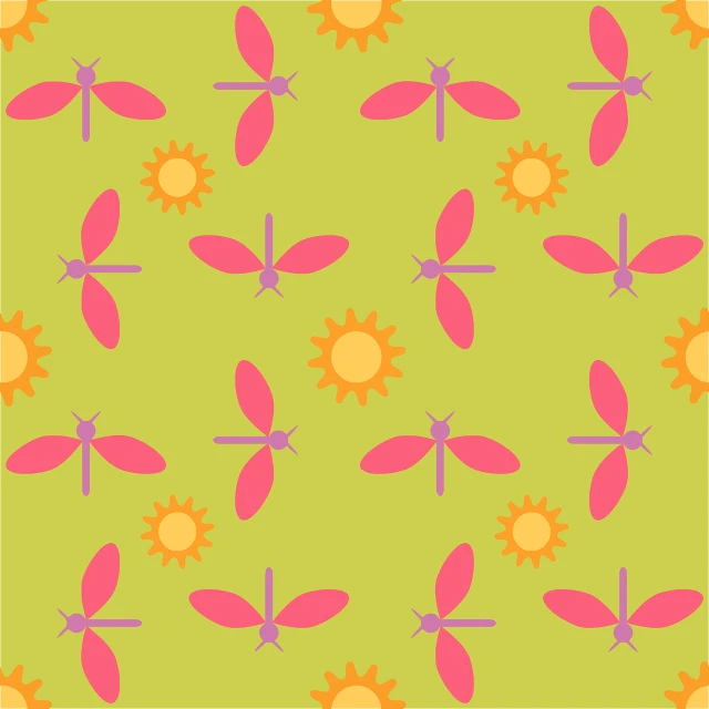 a pattern of birds and flowers on a green background, a screenshot, inspired by Mary Blair, naive art, (((dragonfly))), sun flairs, pink bees, cutie mark