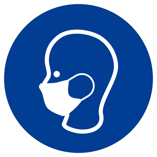 a blue and white sign with a picture of a person wearing a face mask, pixabay, sōsaku hanga, round ears, side view centered, industrial saliva, clear [[bronze]] face [mask]