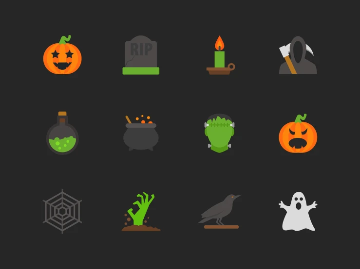 a set of halloween icons on a black background, by Austin English, pixel art, flat colors, simplistic iconography, ceremony, green and orange theme