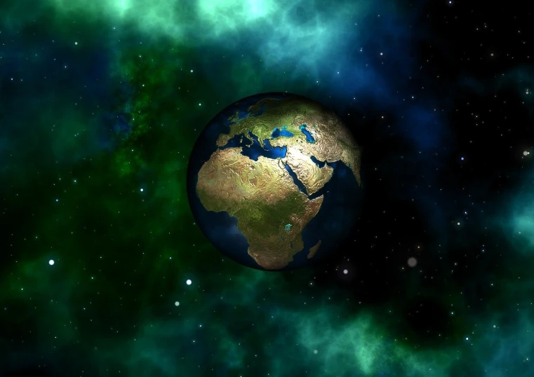 a computer generated image of the earth in space, a digital rendering, coherent photo, on a galaxy looking background, african steppe, green world