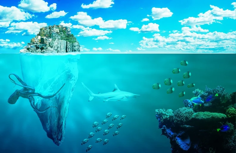 a group of fish that are swimming in the water, a matte painting, surrealism, dolphins and swordfish, high quality fantasy stock photo, floating city on clouds, very beautiful photo
