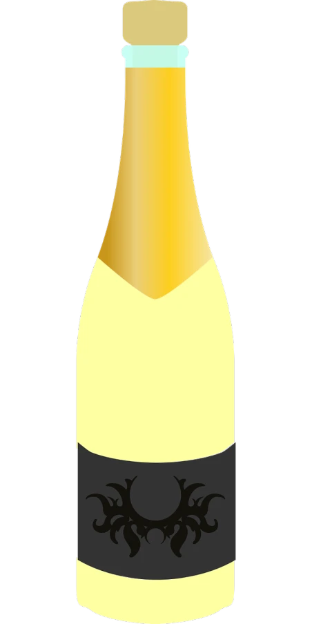 a bottle of wine sitting on top of a table, inspired by Richard Gerstl, pixabay, sōsaku hanga, black and yellow scheme, gradient white to gold, top-down view, champagne