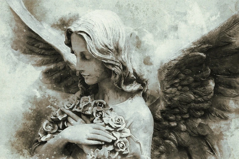 a statue of an angel holding a bunch of flowers, pixabay, gothic art, dark sepia toned shading, painting of beautiful, detailed face background detail, 3 / 4 view of woman with wings