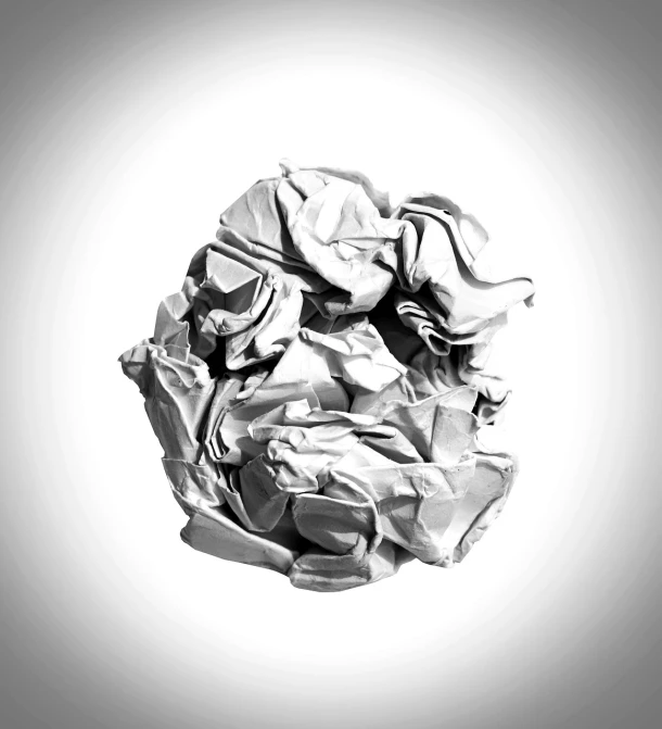 a black and white photo of a crumpled ball of paper, an ambient occlusion render, conceptual art, digital art but photo, very accurate photo, made out of shiny white metal, burnt paper