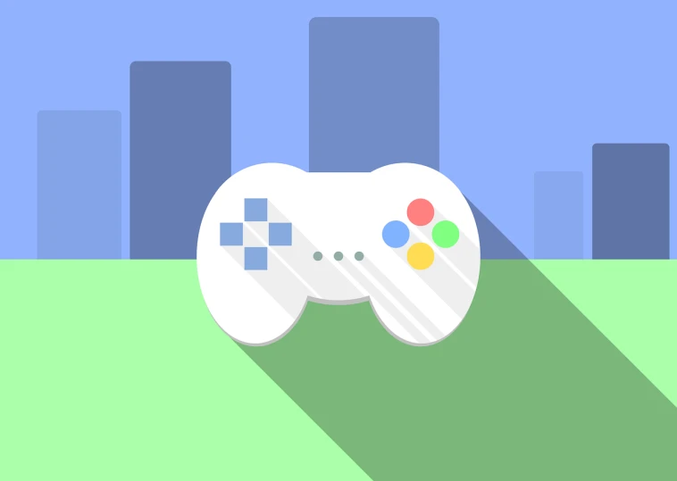 a video game controller with a city in the background, pixel art, inspired by Miyamoto, flat icon, ps 2, simplistic, google