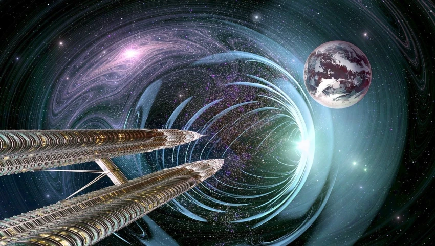 two skyscrapers in front of a black hole with a planet in the background, by Jon Coffelt, pixabay contest winner, space art, trippy fractals, painting of ornate space ship, inside a space station, time warping