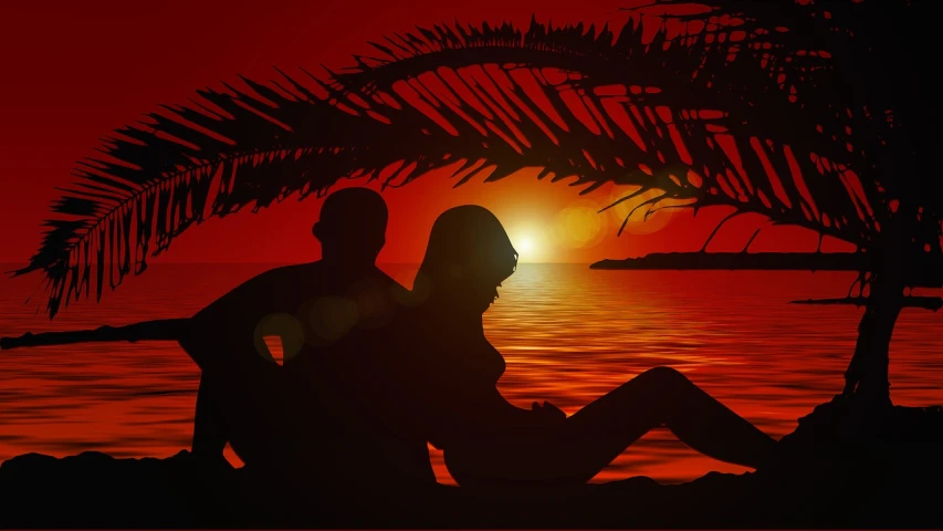 a man and a woman sitting under a palm tree, vector art, romanticism, sunset photo, red mood in background, mid shot photo