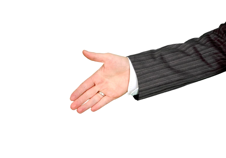 a man in a suit holding out his hand, a stock photo, by Julian Allen, on black background, accurate detail, shaking hands, women