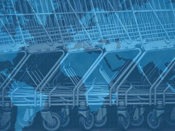 a row of shopping carts sitting next to each other, digital art, blue print, map, header, revolutionary