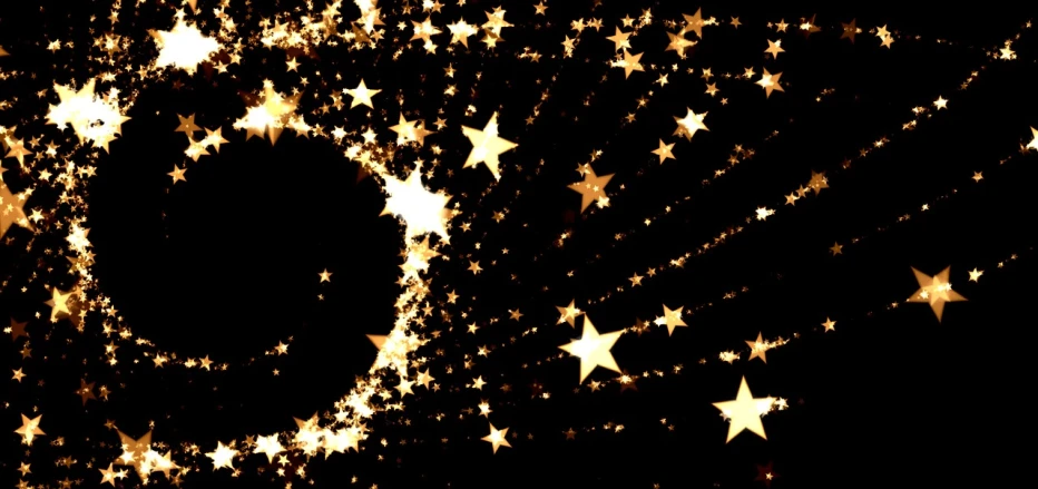 a number of stars on a black background, golden glistening, swirling around, christmas lights, star hatcheries