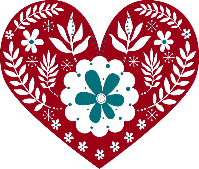 a red heart with a blue flower on it, a digital rendering, inspired by Germán Londoño, folk art, crimson - black color scheme, back, animation, vectorized