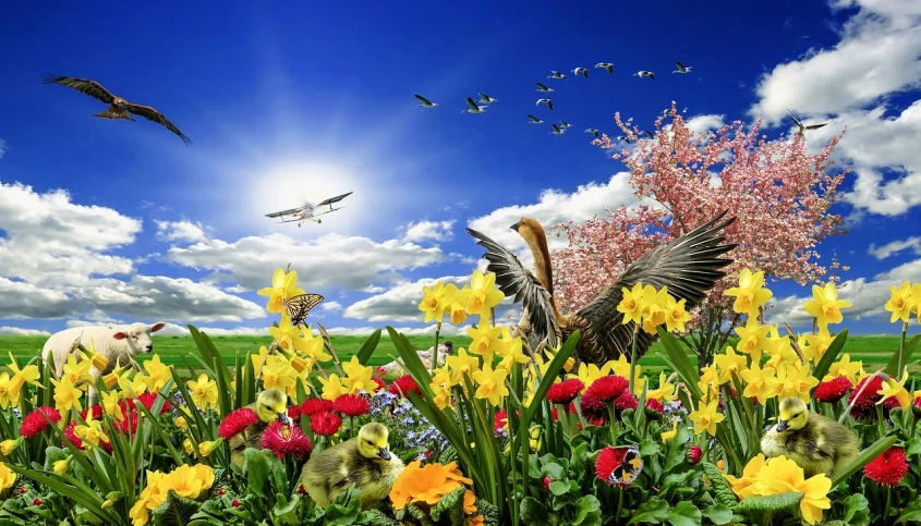 a field full of flowers and birds flying in the sky, a picture, fantastic realism, very sunny weather, easter, the garden of eden, mobile wallpaper
