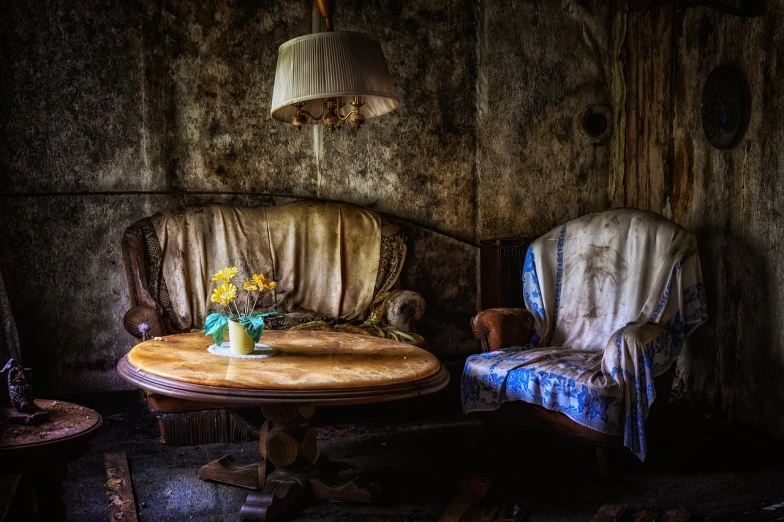 a living room with two chairs and a table, a portrait, by Carl Rahl, pixabay contest winner, derelict house, lamps and flowers, couches melting, portrait of a old