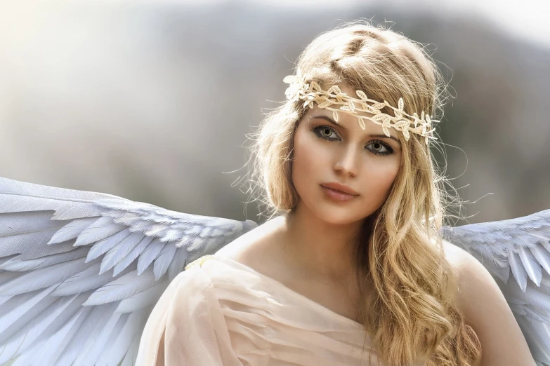 a woman with a crown of leaves on her head, by Marie Angel, shutterstock, renaissance, of an beautiful angel girl, blue eyes and blond hair, with beautiful wings, elderly greek goddess