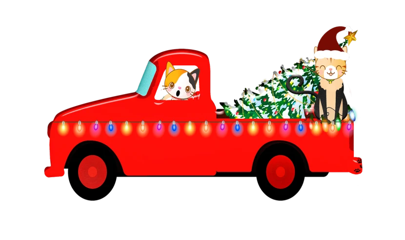 a red truck with a christmas tree in the back, a digital rendering, by Kanbun Master, sōsaku hanga, !!! cat!!!, posterized, chip 'n dale, on black background