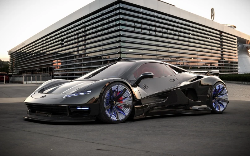 a black sports car parked in front of a building, a 3D render, tumblr, ultra futuristic, glass and metal : : peugot onyx, ((octane render)), futuristic style spiderman