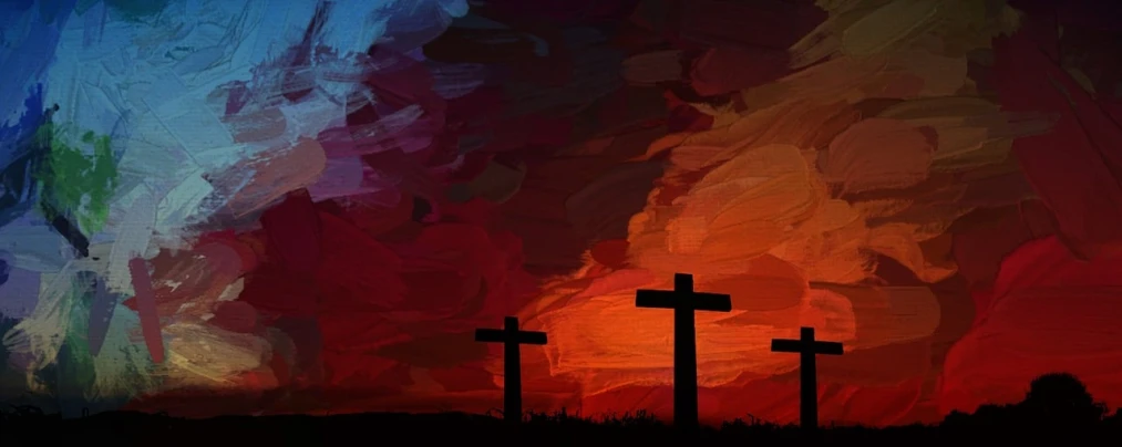 three crosses on a hill with a sunset in the background, a digital painting, trending on pixabay, dark oil painting colors, billboard image, 🚿🗝📝, purple and red color bleed