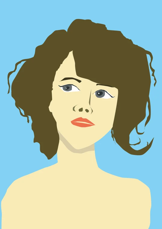 a drawing of a woman's face on a blue background, vector art, inspired by Cindy Sherman, pop art, attractive brown hair woman, wikihow illustration, bare shoulders, girl figure