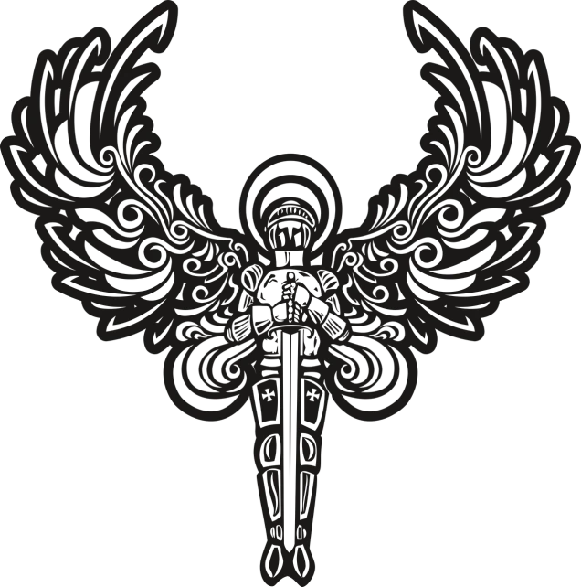 a cross with wings on a black background, inspired by Giger, art nouveau, hero shot, possibly an angel, art nouveau pattern, biker