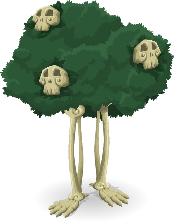 a tree with skulls growing out of it, inspired by Luigi Kasimir, vanitas, giant legs, no gradients, all mimsy were the borogoves, ghibli