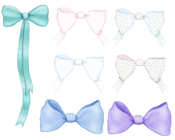 a bunch of different colored bows on a black background, a pastel, inspired by Masamitsu Ōta, tumblr, sōsaku hanga, paint tool sai!! blue, cloth accessories, 15081959 21121991 01012000 4k, elegance
