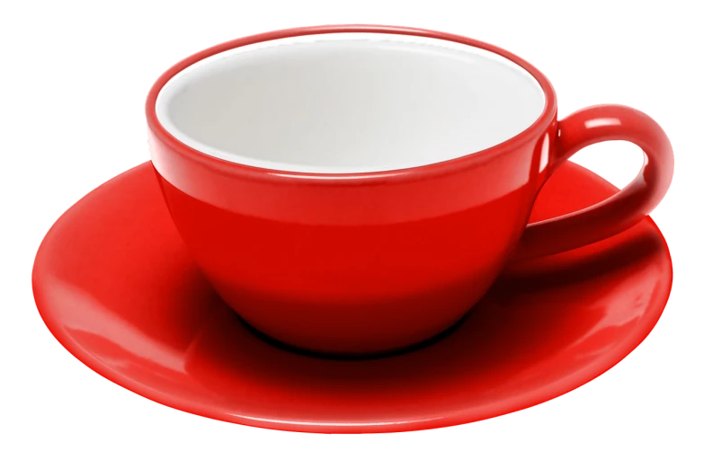 a red cup and saucer on a saucer, a digital rendering, inspired by Slava Raškaj, pixabay, cobra, * colour splash *, very crisp details, round-cropped, high detail product photo