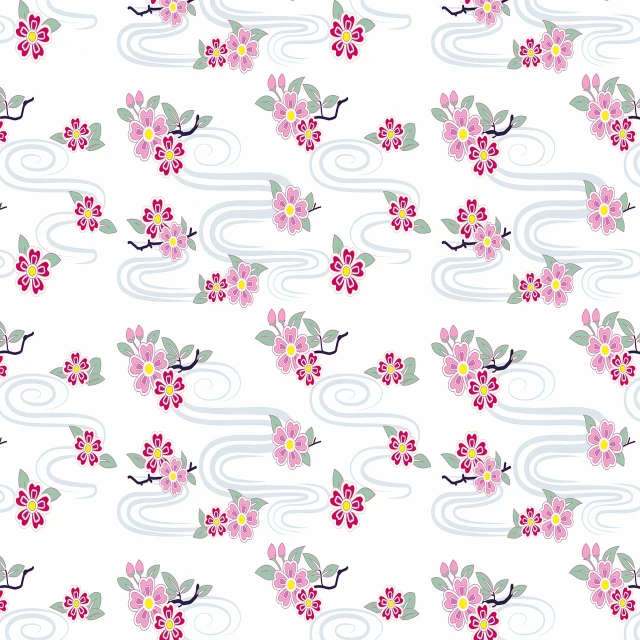 a pattern of flowers and leaves on a white background, an illustration of, inspired by Katsushika Ōi, flowing sakura-colored silk, rippling water, from touhou, the background is misty
