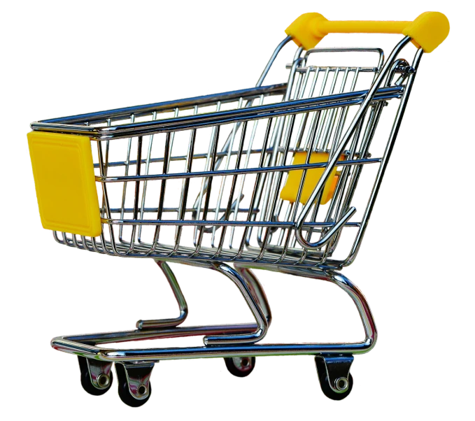 a close up of a shopping cart on a black background, by Werner Gutzeit, digital art, silver and yellow color scheme, wikipedia, floor, realistic image