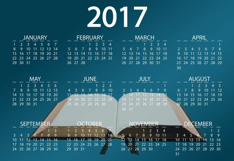 a calendar with an open book on it, a picture, by Andrei Kolkoutine, pixabay, happening, wallpaper 4 k, 2 0 1 7, cyan, biblical