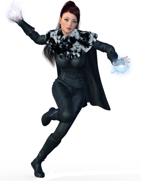 a woman flying through the air holding a frisbee, a character portrait, inspired by Valéria Dénes, zbrush central contest winner, black leather costume, holding a crystal ball, snow flurry, second life avatar