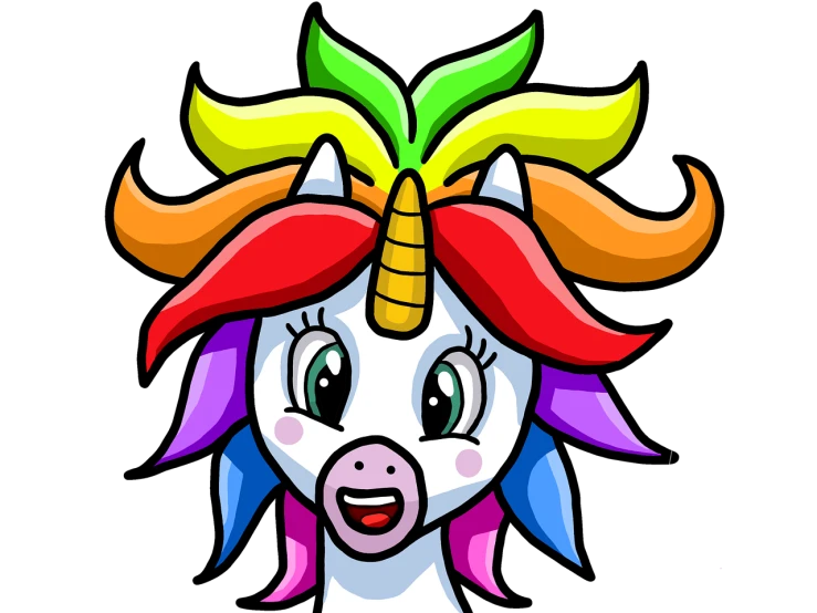 a close up of a cartoon unicorn's face, inspired by Kanbun Master, just one rainbow 8 k, she has white eyes!!!, mascot illustration, pepper