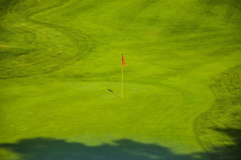 a green golf course with a red flag, a picture, by Etienne Delessert, pexels, soft lighting from above, gold and green, backlight, having a good time