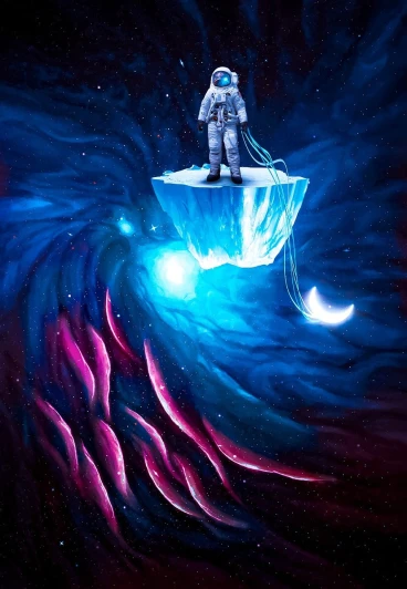 an astronaut sitting on top of a piece of ice, a surrealist painting, space art, epic full color illustration, antigravity, amazing concept painting, seen from below