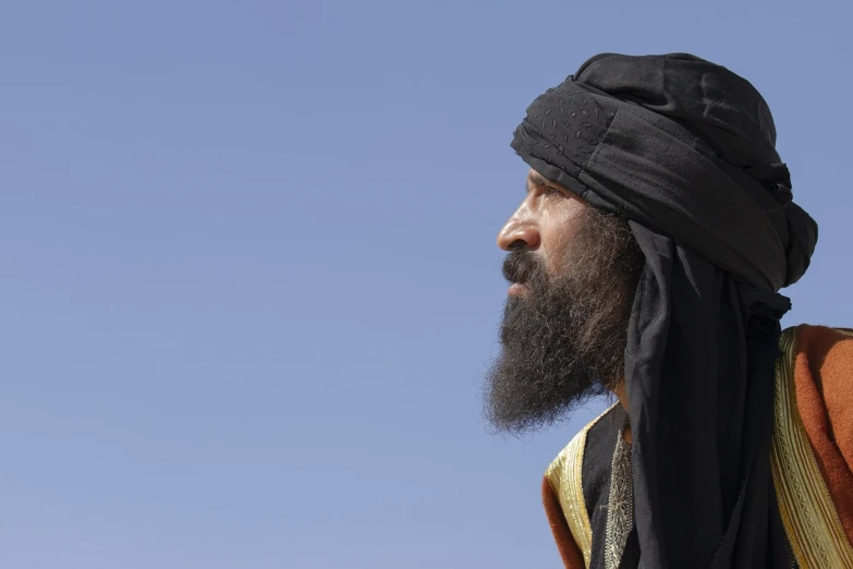 a man with a long beard wearing a turban, inspired by Osman Hamdi Bey, renaissance, profile close-up view, looking to the sky, egypt, mid shot photo