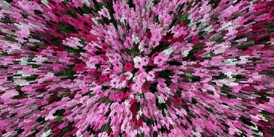 a picture of a bunch of pink flowers, a digital rendering, by Jon Coffelt, kinetic pointillism, flower garden, pov shot, abstract 3 d artwork, above view