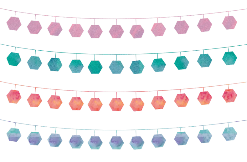 a bunch of hexagons hanging from a string, shutterstock, watercolor style, luminescent fabrics, chalk, けもの