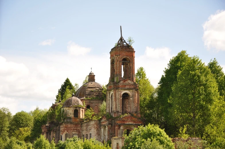 an old building surrounded by trees on a sunny day, a photo, by Vladimir Borovikovsky, baroque, destroyed monastery, pyramid surrounded with greenery, high details photo, in russia