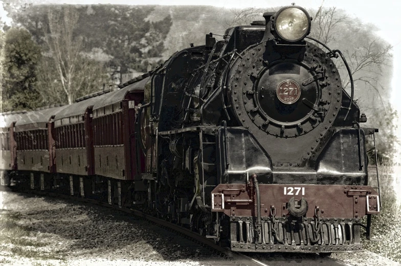 a train traveling down train tracks next to a forest, by Jim Nelson, pixabay contest winner, photorealism, a steam wheeler from 1880s, complex massive detail, 1 9 2 7, portrait n - 9