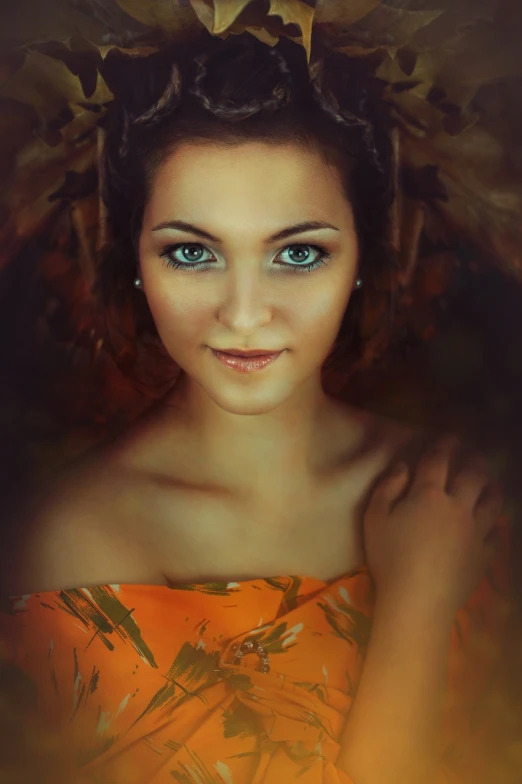 a woman in an orange dress with leaves on her head, a portrait, shutterstock, art photography, symmetrical face. beautiful eyes, in a oil painting style, face photo, of an beautiful angel girl