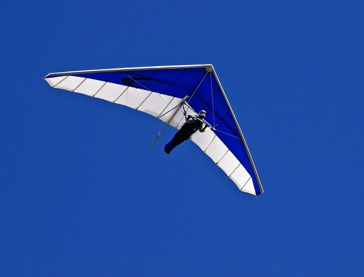 a blue and white hang glider flying through a blue sky, by Andrei Kolkoutine, flickr, hero shot, flying vehicles, sport, getty images