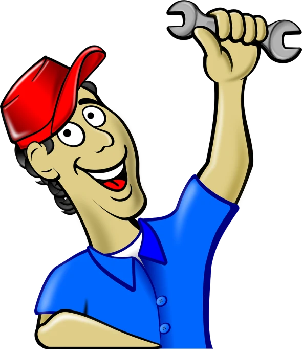 a man with a wrench in his hand, a digital rendering, by Andrei Kolkoutine, pixabay, happy friend, with a black background, detailed cartoon, wearing plumber uniform