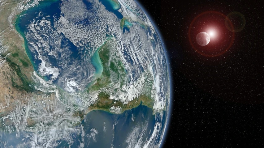 a view of the earth from space with the moon in the background, an illustration of, by Jon Coffelt, shutterstock, caribbean, red lunar eclipse, beautiful sunny day, florida