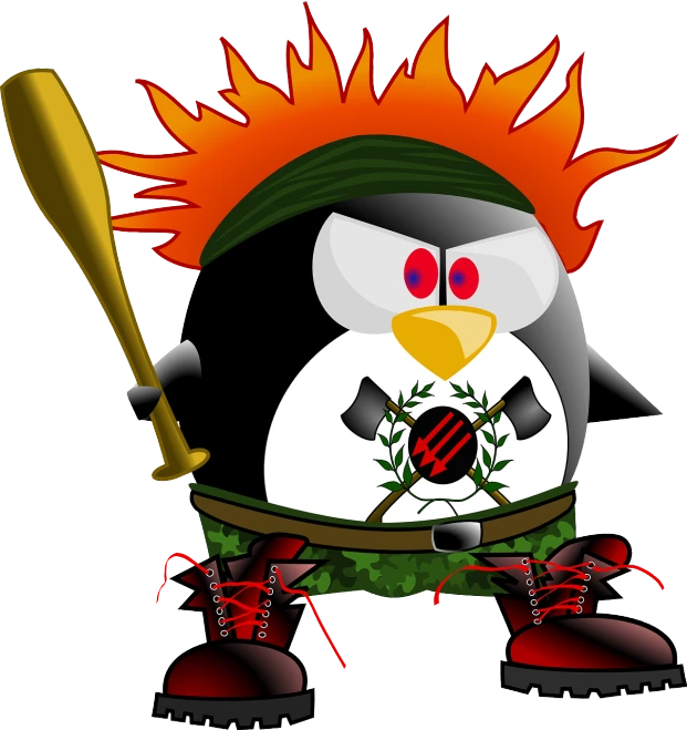 a cartoon penguin is holding a baseball bat, an illustration of, inspired by Heinz Anger, sots art, military outfit, (fire), has a laurel wreath, eddotorial illustration