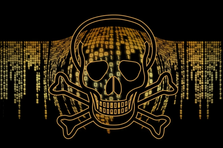 a skull and crossbones on a black background, a digital rendering, by Robert Gavin, pixabay, hacking into the mainframe, black and gold wires, warning, toxic drips